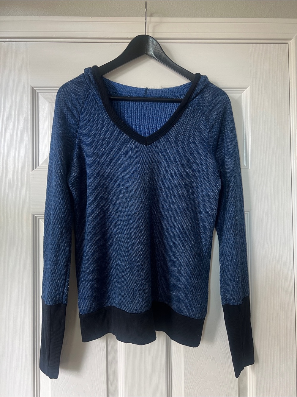 Blue V-Neck Hooded Knit Sweater